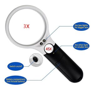 obmwang 3 LED Light 3X 45x Handheld Magnifier Illuminated Reading Magnifying Glass Lens Jewelry Loupe Ideal for Reading, Crafts, Hobby, Black and White Stitching