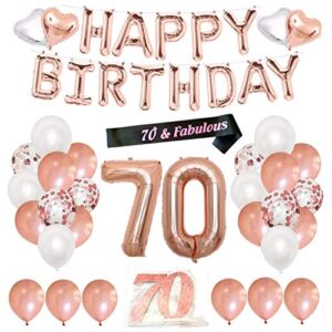 finypa 70th birthday decorations for women – 70th happy birthday decoration gold rose with sash, number 70 foil balloon, happy birthday banner, happy 70th birthday cake topper