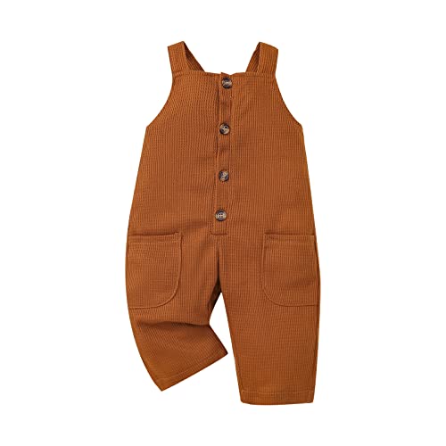 Infant Toddler Baby Girl Boy Overalls Striped Solid Waffle Bottom Pants Button Up Bodysuit Romper with Pockets (Brown , 3-4 Years )