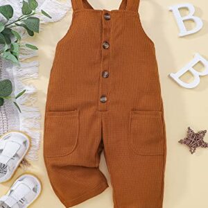 Infant Toddler Baby Girl Boy Overalls Striped Solid Waffle Bottom Pants Button Up Bodysuit Romper with Pockets (Brown , 3-4 Years )