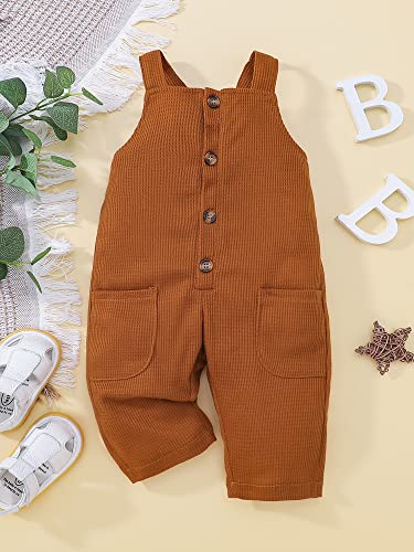 Infant Toddler Baby Girl Boy Overalls Striped Solid Waffle Bottom Pants Button Up Bodysuit Romper with Pockets (Brown , 3-4 Years )