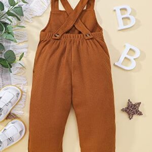 Infant Toddler Baby Girl Boy Overalls Striped Solid Waffle Bottom Pants Button Up Bodysuit Romper with Pockets (Brown , 3-4 Years )