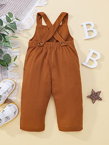 Infant Toddler Baby Girl Boy Overalls Striped Solid Waffle Bottom Pants Button Up Bodysuit Romper with Pockets (Brown , 3-4 Years )