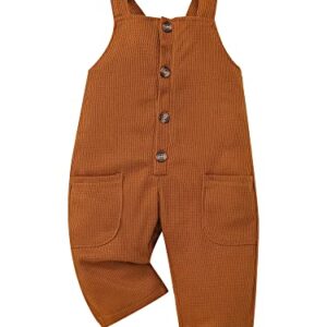 Infant Toddler Baby Girl Boy Overalls Striped Solid Waffle Bottom Pants Button Up Bodysuit Romper with Pockets (Brown , 3-4 Years )