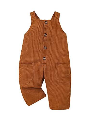 Infant Toddler Baby Girl Boy Overalls Striped Solid Waffle Bottom Pants Button Up Bodysuit Romper with Pockets (Brown , 3-4 Years )