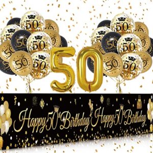 50th Birthday Decorations for Men Women, Black Gold Happy 50th Birthday Banner Yard Sign with 17pcs Happy Birthday Balloons, 50 Birthday Decoration Anniversary Party Supplies Yard Decor(9x1.2ft)