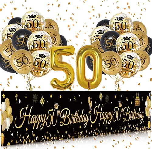 50th Birthday Decorations for Men Women, Black Gold Happy 50th Birthday Banner Yard Sign with 17pcs Happy Birthday Balloons, 50 Birthday Decoration Anniversary Party Supplies Yard Decor(9x1.2ft)