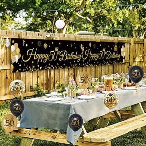 50th Birthday Decorations for Men Women, Black Gold Happy 50th Birthday Banner Yard Sign with 17pcs Happy Birthday Balloons, 50 Birthday Decoration Anniversary Party Supplies Yard Decor(9x1.2ft)