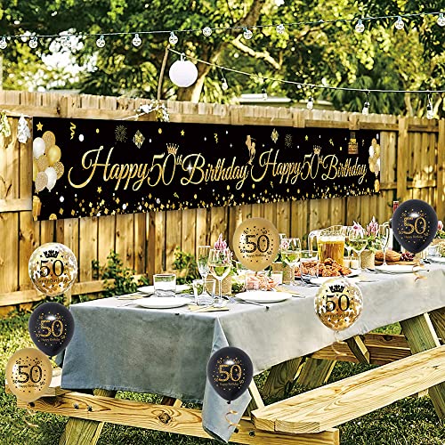 50th Birthday Decorations for Men Women, Black Gold Happy 50th Birthday Banner Yard Sign with 17pcs Happy Birthday Balloons, 50 Birthday Decoration Anniversary Party Supplies Yard Decor(9x1.2ft)