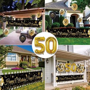 50th Birthday Decorations for Men Women, Black Gold Happy 50th Birthday Banner Yard Sign with 17pcs Happy Birthday Balloons, 50 Birthday Decoration Anniversary Party Supplies Yard Decor(9x1.2ft)