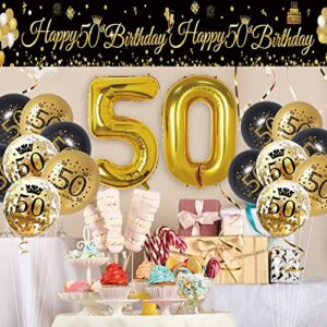 50th Birthday Decorations for Men Women, Black Gold Happy 50th Birthday Banner Yard Sign with 17pcs Happy Birthday Balloons, 50 Birthday Decoration Anniversary Party Supplies Yard Decor(9x1.2ft)