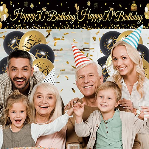 50th Birthday Decorations for Men Women, Black Gold Happy 50th Birthday Banner Yard Sign with 17pcs Happy Birthday Balloons, 50 Birthday Decoration Anniversary Party Supplies Yard Decor(9x1.2ft)