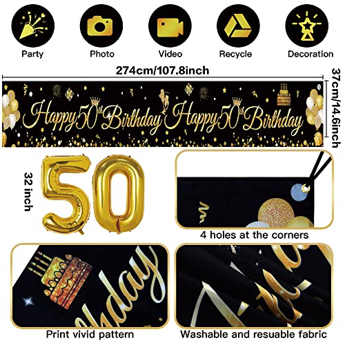 50th Birthday Decorations for Men Women, Black Gold Happy 50th Birthday Banner Yard Sign with 17pcs Happy Birthday Balloons, 50 Birthday Decoration Anniversary Party Supplies Yard Decor(9x1.2ft)