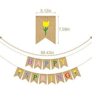 Rainlemon Jute Burlap Happy Spring Banner with Flower Garden Banner Home Mantel Fireplace Decoration