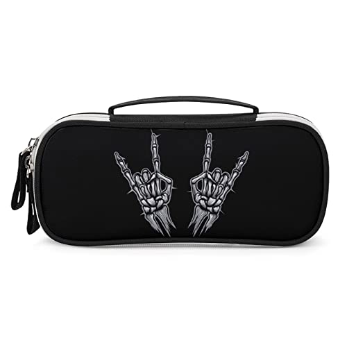 Rock N Roll Skeleton Hand Printed Pencil Case Bag Stationery Pouch with Handle Portable Makeup Bag Desk Organizer