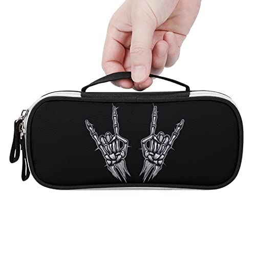 Rock N Roll Skeleton Hand Printed Pencil Case Bag Stationery Pouch with Handle Portable Makeup Bag Desk Organizer