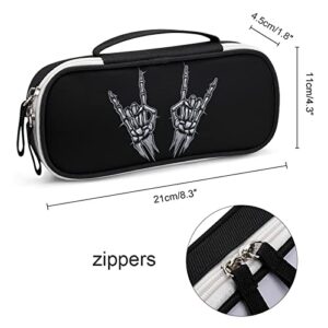 Rock N Roll Skeleton Hand Printed Pencil Case Bag Stationery Pouch with Handle Portable Makeup Bag Desk Organizer
