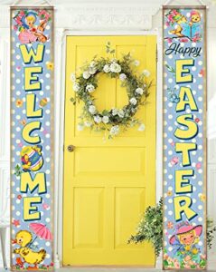 happy easter porch sign banner decoration-vintage easter hello spring banner,2pcs retro chick egg welcome front door hanging banner for spring easter party decoration