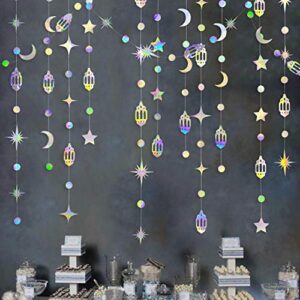 Iridescent Eid Mubarak Ramadan Decorations Hanging Rainbow Star Moon Circle Dot Crescent Lamp Garland Streamer Banner Backdrop Decorations for Happy Ramadan Muslim Islam Birthday Wedding Party