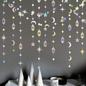 Iridescent Eid Mubarak Ramadan Decorations Hanging Rainbow Star Moon Circle Dot Crescent Lamp Garland Streamer Banner Backdrop Decorations for Happy Ramadan Muslim Islam Birthday Wedding Party