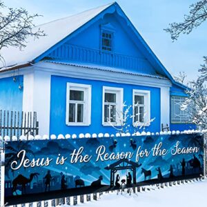 nativity christmas banner decoration religious christmas yard banner blue jesus sign banner large merry christmas banner for fence garden home indoor outdoor xmas party decorations, 118 x 24 inches