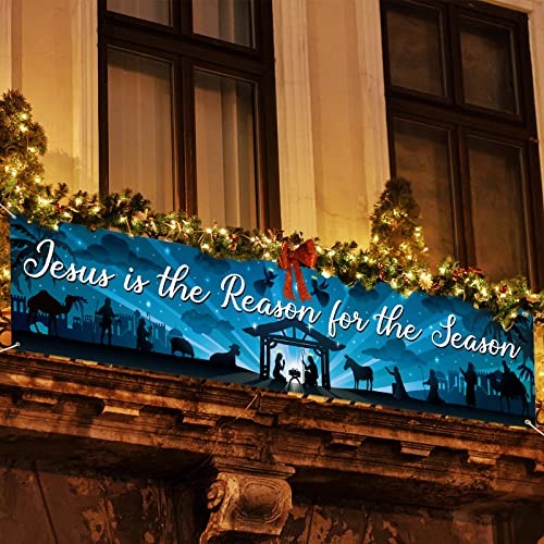 Nativity Christmas Banner Decoration Religious Christmas Yard Banner Blue Jesus Sign Banner Large Merry Christmas Banner for Fence Garden Home Indoor Outdoor Xmas Party Decorations, 118 x 24 Inches