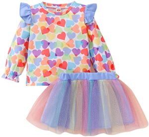 kids girls 2 piece valentine’s day outfits ruffle sleeve sweatshirts tulle sequins skirt dresses clothes toddler heart print shirt tutu set 8t