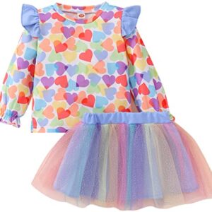 Kids Girls 2 Piece Valentine's Day Outfits Ruffle Sleeve Sweatshirts Tulle Sequins Skirt Dresses Clothes Toddler Heart Print Shirt Tutu Set 8t