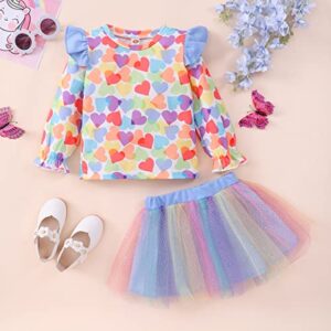 Kids Girls 2 Piece Valentine's Day Outfits Ruffle Sleeve Sweatshirts Tulle Sequins Skirt Dresses Clothes Toddler Heart Print Shirt Tutu Set 8t