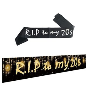 joyiou r.i.p to my 20s backdrop banner & sash, dirty 30 birthday decorations for women & men, large black gold funeral for youth 30 birthday party sign supplies decor for indoor outdoor