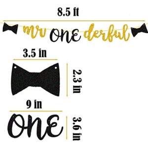 Morndew Glitter Mr One Derful Banner for Kids First Birthday Party Gender Reveal Party Baby Shower Bunting Decoration