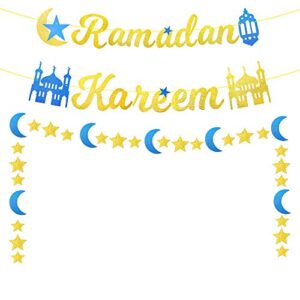 ramadan kareem banner gold glitter ramadan kareem decorations for home, eid ramadan mubarak festival party decoration, ramadan banner moon star lantern garland mantle fireplace
