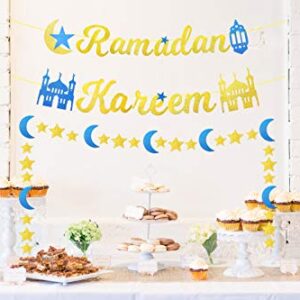 Ramadan Kareem Banner Gold Glitter Ramadan Kareem Decorations for Home, Eid Ramadan Mubarak Festival Party Decoration, Ramadan Banner Moon Star Lantern Garland Mantle Fireplace