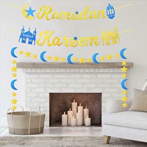 Ramadan Kareem Banner Gold Glitter Ramadan Kareem Decorations for Home, Eid Ramadan Mubarak Festival Party Decoration, Ramadan Banner Moon Star Lantern Garland Mantle Fireplace