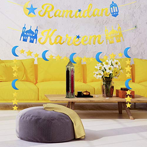 Ramadan Kareem Banner Gold Glitter Ramadan Kareem Decorations for Home, Eid Ramadan Mubarak Festival Party Decoration, Ramadan Banner Moon Star Lantern Garland Mantle Fireplace