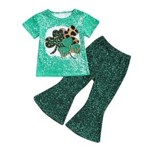 2pcs toddler baby girl st.patrick’s day clothes set short sleeve funny print tops ruffle bell bottoms flare pants (clover print,3-4t)