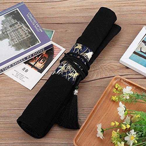 Handmade Fabric Pen Case Holders Canvas Paint Brush Roll Up Pencil Bag Pouch with Pockets & Tassel Wrap Large Capacity