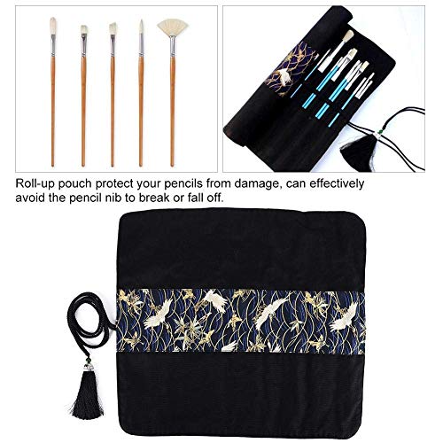 Handmade Fabric Pen Case Holders Canvas Paint Brush Roll Up Pencil Bag Pouch with Pockets & Tassel Wrap Large Capacity