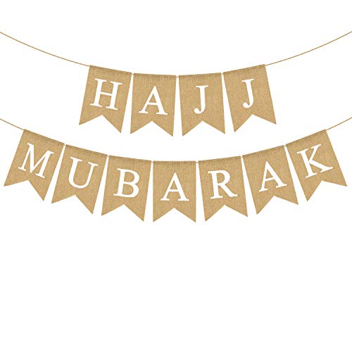 Rainlemon Jute Burlap Hajj Mubarak Banner Mantel Fireplace Party Garland Decoration