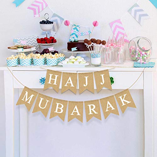 Rainlemon Jute Burlap Hajj Mubarak Banner Mantel Fireplace Party Garland Decoration