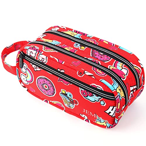 JEMIA Multi Compartments Collection 3 Independent Zipper Compartments with Handle Strap Pencil Case (Red Smile, Polyester)