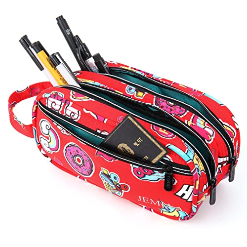 JEMIA Multi Compartments Collection 3 Independent Zipper Compartments with Handle Strap Pencil Case (Red Smile, Polyester)