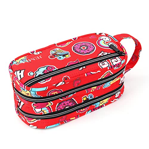 JEMIA Multi Compartments Collection 3 Independent Zipper Compartments with Handle Strap Pencil Case (Red Smile, Polyester)