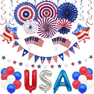 4th of july decorations patriotic decorations set – 53pcs american flag party supplies including paper fans, banner, balloons, hanging swirl, handheld flags for veterans independence day