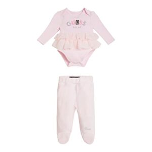 guess baby girl long sleeve mesh bodysuit 2 piece set, ballet pink, 0/3m