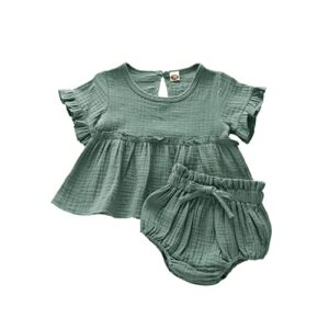 outfits solid ruffled linen infant cotton girls tops+shorts baby summer girls outfits&set girl photography outfits (green, 0-6 months)