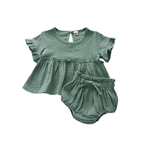 Outfits Solid Ruffled Linen Infant Cotton Girls Tops+Shorts Baby Summer Girls Outfits&Set Girl Photography Outfits (Green, 0-6 Months)