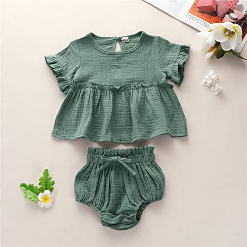 Outfits Solid Ruffled Linen Infant Cotton Girls Tops+Shorts Baby Summer Girls Outfits&Set Girl Photography Outfits (Green, 0-6 Months)