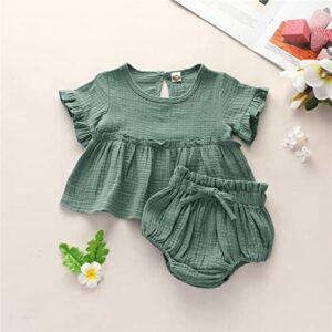 Outfits Solid Ruffled Linen Infant Cotton Girls Tops+Shorts Baby Summer Girls Outfits&Set Girl Photography Outfits (Green, 0-6 Months)