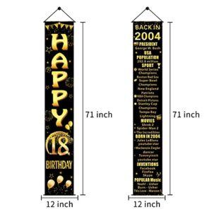 18th Birthday Door Banner Decorations for Boys & Girls, Black Gold Happy 18th Birthday Back in 2004 Sign Party Supplies, 18 years old Birthday Door Porch Decor